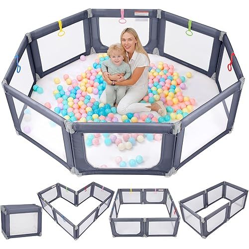 Kidirect Foldable Baby Playpen, 71"×69" Extra Large Playpen for Babies and Toddlers, Portable Play Yard with 5 Handles, Indoor Outdoor Safety Baby Fence with Visible Mesh, Grey