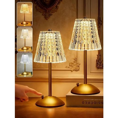 Upgraded Nightstand Lamps Set of 2, 3 Colors Dimmable Crystal Table Lamp Gold Lamp, Touch Lamp Bedroom Lamps, Rechargeable Small Lamp, Bedside Lamps Set of 2 for Bedroom Living Room Bathroom Hotel Bar