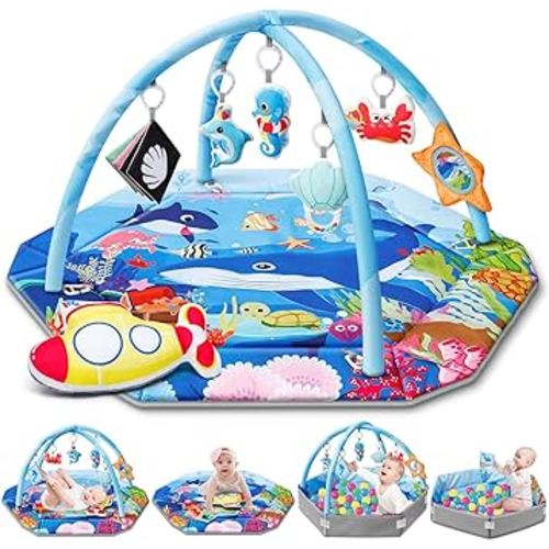 Baby Gym Play Mat, 8-in-1 Ocean Theme Tummy Time Mat & Ball Pit, Washable Baby Activity Play Mat for Visual, Hearing, Sensory, Motor Development, Baby Toys Gift for Toddler Infant 0-3-6-9-12-18 Months