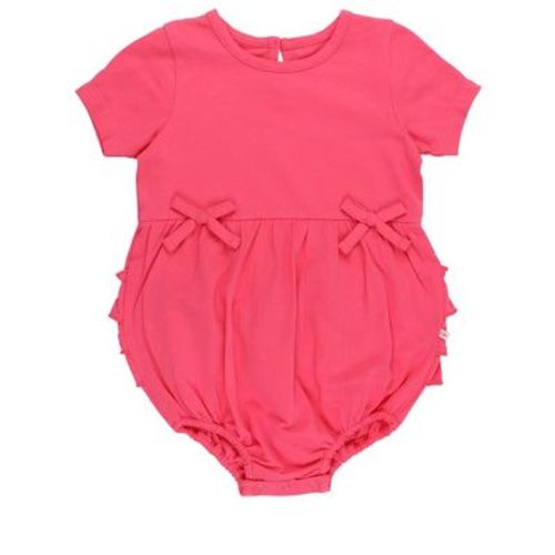 RuffleButts Baby Girls Knit Short Sleeve Bow Bubble Romper - Hot Pink, 6-12m