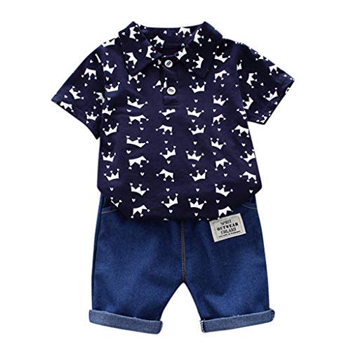 Baby Boys Kids Summer Clothes Crown Pattern Print Shirt Short Sleeve Tops Denim Shorts Toddler Outfit 2Pcs Suit