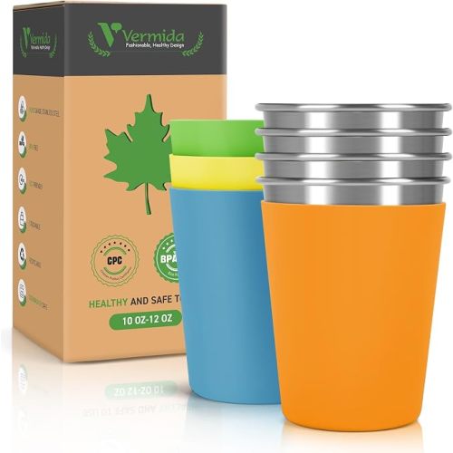 Stainless Steel Cups for Kids and Toddlers, 12oz Stackable Stainless Steel Kids Cups with Silicone Sleeves Sweat Proof, Unbreakable Metal Cups for Home & Outdoor, BPA Free (4 Pack)