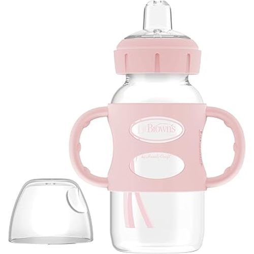 Dr. Brown's Milestones Wide-Neck Sippy Spout Bottle with 100% Silicone Handles, Easy-Grip Handles with Soft Sippy Spout, 9oz/270mL, Light-Pink, 1-Pack, 6m+