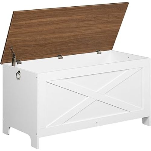 39.4" Toy Chest, Sturdy Entryway Storage Chest with Safety Hinges, Retro Toy Box, Wooden Look Accent Furniture for Living Room, Bedroom, White+Walnut SCBZ48101