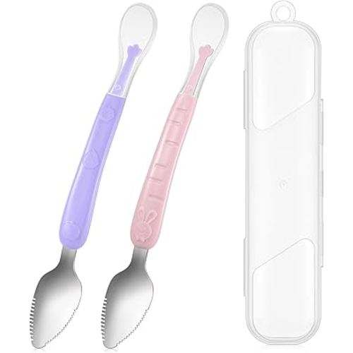 Lallisa 2 Pcs Double Head Baby Silicone Food Spoon Baby Fruit Scraping Mud Spoon Soft Feeding Food Scraper for Infants Fruit Feeding (Purple and Pink)