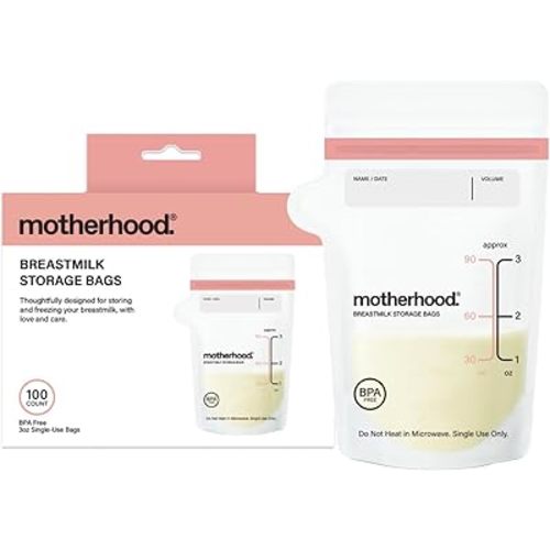 Motherhood Maternity Breastmilk Storage Bags, 3 oz, 100 Count – Leak Proof Breast Milk Freezer Storage Bags, Pre-Sterilized & BPA Free, Self-Standing & Flat Lay