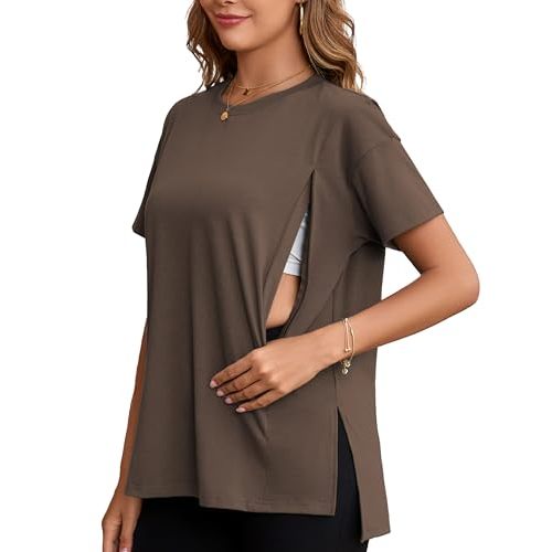 Ecavus Women's Oversized Nursing Shirts for Breastfeeding with Hidden Zipper Short Sleeves Side Splits Maternity Tops