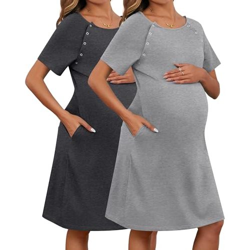 Huukeay 2 Pack Labor Delivery Nursing Hospital Gown Women's 35% Cotton Maternity Birthing Dress 3 In1 Breastfeeding Pajamas