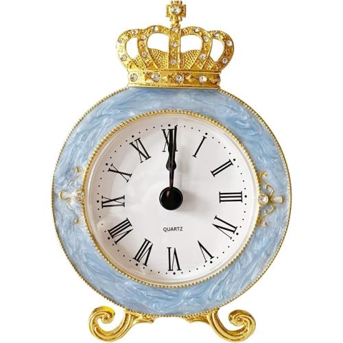 Vintage Mini Analog Table Clock, Silent Crown Table Clock with Hand-Painted Metal Body and Battery Operated Non-Ticking Core for Shelf, Living Room, Bedroom, Bedside, Desk