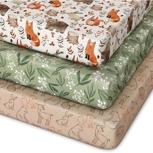 Pack and Play Sheets Fitted 3 Pack, Mini Crib Sheets for Pack N Play Mattress Stretchy Portable Playard Sheets, Soft Breathable Green & Brown Fox