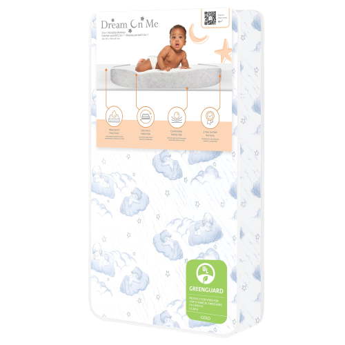 Dream On Me CloudNest 3-Inch Fiber Portable and Mini Crib Mattress, Waterproof Vinyl Cover, GREENGUARD Gold Certified, Blue Cloud