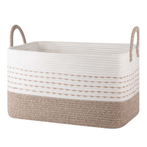 CHERISHGARD Large Woven Storage Basket, 21.65”x16.93”x11.81” Rectangle Cotton Rope Basket, 70L Capacity for Blankets, Toys, Clothes Organizing with Handles