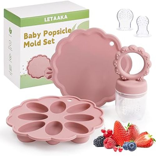 3-in-1 Silicone Baby Breastmilk Popsicle Molds+Baby Fruit Food Feeder+Baby Teethers Teething Relief Toys, Silicone Baby Food Freezer Tray Baby Girl Boy Essentials with 3 Pacifiers(Pink)