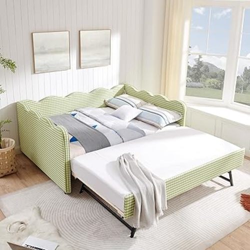 KEIKI Full Size Upholstery Daybed with Trundle and USB, Full to King Design Adorable Wave Shaped Extendable Linen Sofa Bed, Easy Assembly, No Box Spring Required, for Living Room and Bedroom, Green