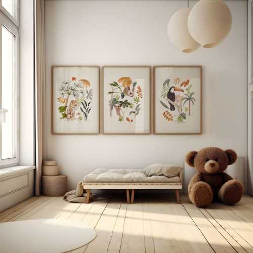 Jungle Animals Nursery Decor, Set of Three Amazon Rainforest Wall Art Prints, Toucan, Sloth and Leopard Art for Kids Room