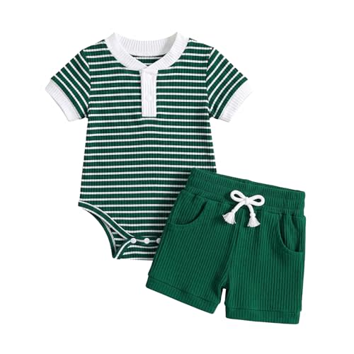 Baby Boy Clothes Ribbed Short Sleeve Striped Romper Top Solid Shorts with Pocket Baby Boy Summer Outfits 0-18M