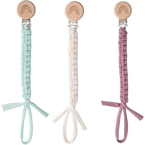 Pacifier Clip for Boys Girls Pacifier Holder Leash Boho Rainbow Wooden Clips Handmade Braided Cotton Unisex Baby Shower Birthday Gift Christmas Gift