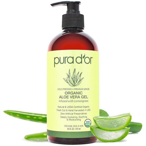 PURA D'OR 16 Oz ORGANIC Aloe Vera Gel - Unscented - All Natural - ZERO Artificial Preservatives - Deeply Hydrating & Moisturizing - Sunburn, Bug Bites, Rashes, Small Cuts, Eczema Relief - Skin & Hair