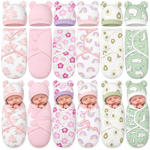 Ramede 6 Pack Baby Swaddle Blankets with Hats,Flower,Pink and Green | Soft Cotton Wrap for Newborn Boys 0-3 Months, Adjustable Breathable Sleep Sack Set, Skin-comfortable Receiving Blanket