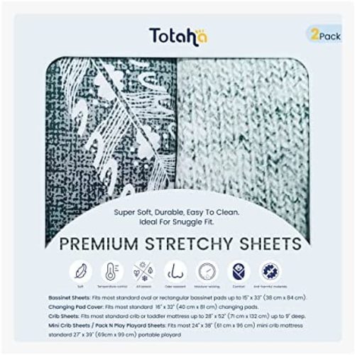 TotAha Premium Stretchy Pack N Play Playard Sheets | Mini Crib Sheets (2-Pack)-Hypoallergenic, Silky Comfort, AButtery Soft, Calming Effect, All-Season Jersey-Knit (Feather & Yarn)