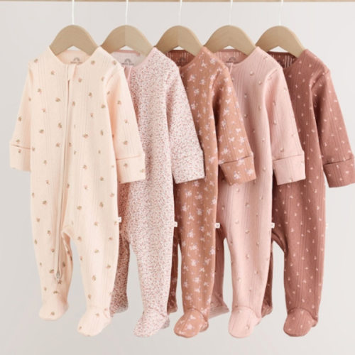 Brown Ditsy Floral 5 Pack Two Way Zip Baby Sleepsuit (0-2yrs) from Next Australia