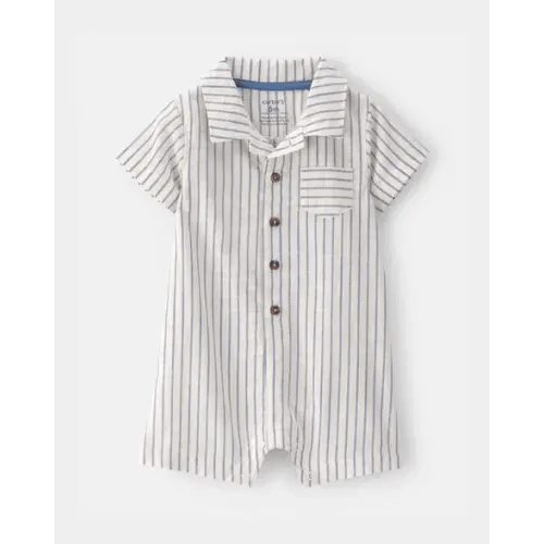 Baby Boy Striped Button-Down Romper - White/Blue | Carter's