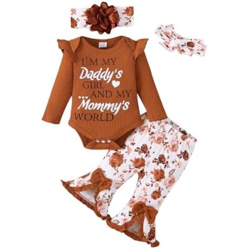 SUNNY PIGGY Newborn Baby Girl Clothes Infant Outfits Romper Floral Fall Outfit Bell Bottoms Pant Sets Hat Headband Flowerpant