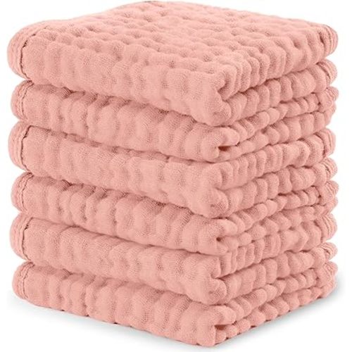 Comfy Cubs Muslin Baby Washcloths 6 Pack - Soft 6-Layer Cotton Wash Cloths for Sensitive Skin - 10"x10" Large, Gentle, Absorbent Infant Essentials for Newborn and Toddlers - Bold Blush