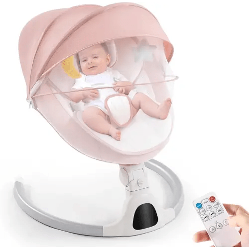 Baby Swing for Infants,Comfort Cradling Baby Rocker Portable Newborn Swing with Music/Remote Control/Timing Function,Grey (Pink)