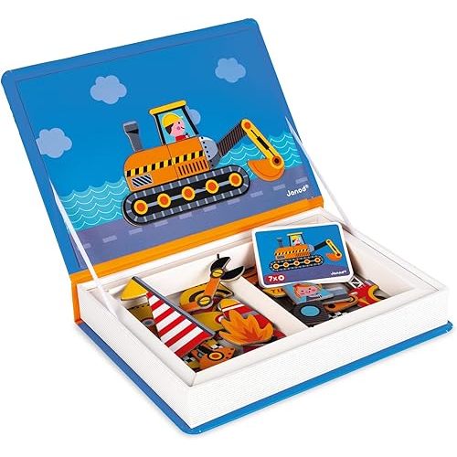 Janod MagnetiBook 69 pc Magnetic Racers Vehicle Game - Ages 3+ - Building Creative Structures - Enhances Creativity Skills - Includes 50 Magnets and 18 Cards