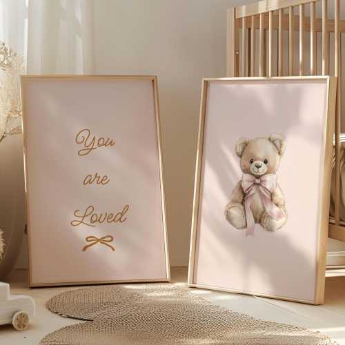 Vintage Pink Bear Nursery Prints, Pink Wall Gallery, Sweet Floral Nursery Decor, Nursery Wall Art Girl, Bow Wall Art, Coquette Room Décor