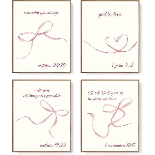 LARTSFRO Coquette Purple Bow Wall Art Decor Posters, Purple Bow Room Bedroom Bathroom Dorm Wall Art Decor Aesthetic for College Teen Girls Gifts, Inspirational Bible Verses Bow Wall Decor, 10x8 Inch Set of 4 Bow Pictures UNFRAMED