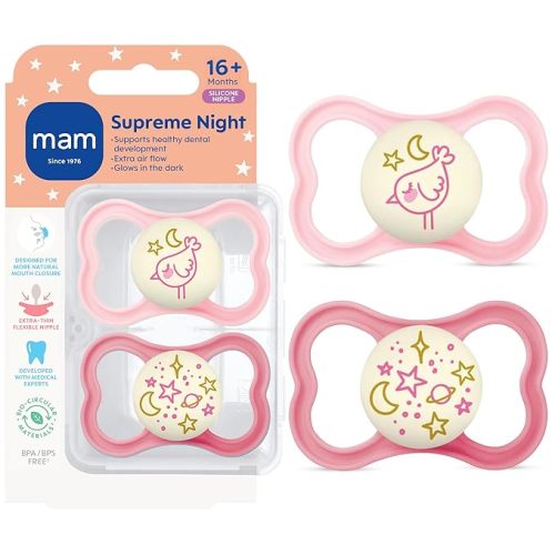 MAM Supreme Baby Pacifier, Newborns 16+ Months, Developed with Orthodontists, Extra Air Flow for Sensitive Skin, Glows in The Dark, BPA-Free Silicone, Sterilizer Case, Pack of 2, Made in Europe