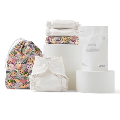 Esembly Try-It Kit - Cloth Diaper Starter Set with Organic Cotton Diapers, Waterproof Diaper Cover, Wet Bag, and Laundry Detergent - Botanic Garden, Size 1 (7-18lbs)