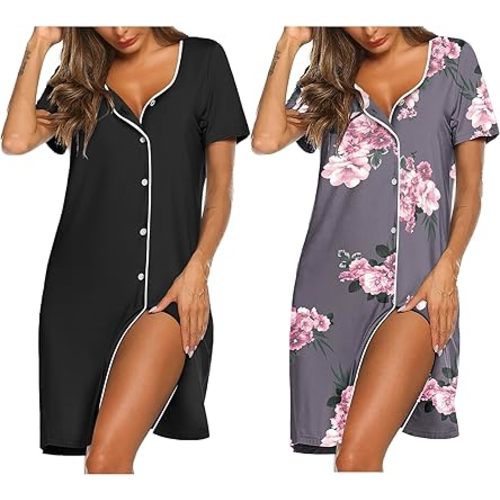 Ekouaer Nightgowns for Women 2 Pack Button Down Sleepshirt Short Sleeve Nightshirt Soft Sleepwear V Neck Pajama Dress