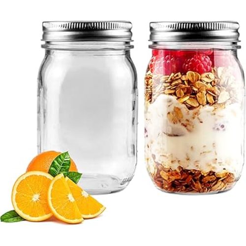 2 Pack Regular Mouth Mason Jars 16oz Glass Canning Jars with Airtight Lids for Preserving, Jam, Honey, Jelly, Wedding Favors, Sauces, Meal Prep, Overnight Oats, Salad