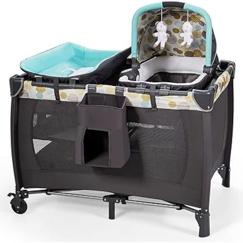 HONEY JOY 5-in-1 Pack and Play with Bassinet, Infant Pack and Play w/Newborn Cradle & Hanging Toys, Diaper Storage Bag, Music, Carry Bag, Portable Baby Playard w/Changing Station (Blue)