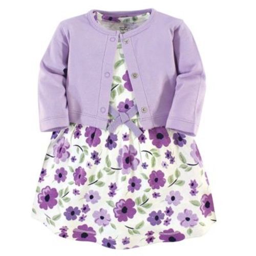 Touched by Nature Baby and Toddler Girl Organic Cotton Dress and Cardigan 2pc Set, Purple Garden, 3-6 Months