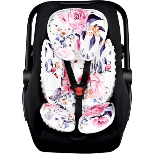 Pea Pod Baby Car Seat Head Support for Newborn, 2 in 1 Infant Car Seat Head Body Support for Girls Extra Soft Breathable Baby Car Seat Cushion Insert for Strollers, Swings, and Bouncers, Pink Floral