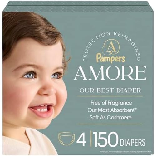 Pampers Amore, Size 4 (15-34 lbs), 150 Count, Our Best Diaper – Hypoallergenic & Fragrance Free, Up to 100% Leakproof, Soft as Cashmere