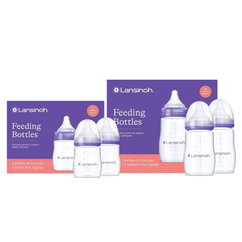 Lansinoh NaturalWave Newborn Gift Set – 3 Anti‑Colic 5 oz Bottles with S‑Flow Nipples + 3 Breastfeeding 8 oz Bottles with M‑Flow Nipples (6 Pack)