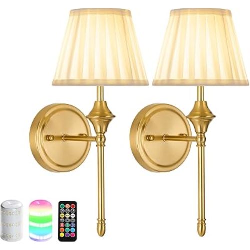 Battery Operated Wall Sconces Set of 2, Vintage Rechargeable Cordless Wall Light with 10000mAh Dimmable Led Bulbs and Remote, Fabric Wireless Wall Mount Lamps for Living Room, Bedroom, Hallway