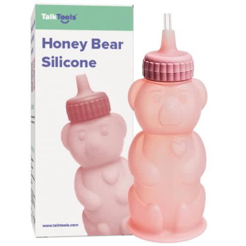 TalkTools Honey Bear Silicone Straw Cup, Dishwasher Safe Baby Drinking Bottle, Premium Food-Grade Material, Honeybear Sippy Cup for Ages 4+ Months, Kids and Toddlers (Single 8oz) (Bubblegum)