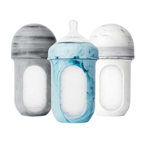 Boon NURSH Reusable Silicone Baby Bottles with Collapsible Silicone Pouch Design - Everyday Baby Essentials - 3 Count - Stage 2 Medium Flow - 8 Oz - Tie Dye