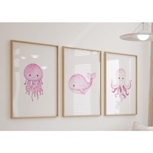 Pink Under The Sea Watercolor Prints, Set of 3 Nursery Wall Art, Girl Room Decor, Whale, Octopus, Jellyfish, Set of 3 Art Prints,Shipped,267