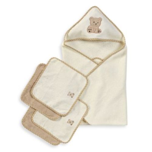 Spasilk® Hooded Towel with Matching Washcloths - Teddy Bear - BEIGE - 30" X 30"