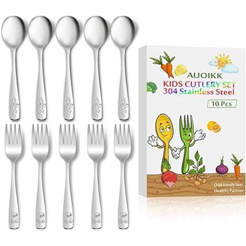 10-Piece Toddler Flatware, Kids Utensils Stainless Steel Cutlery Set, Children Safe Spoons and Forks with Ergonomic Handle, Easy to use and Dishwasher Safe (Crocodile and Bear)