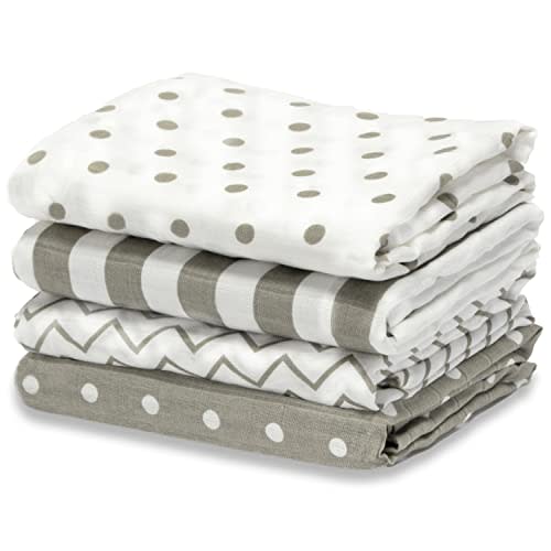 CuddleBug Muslin Baby Swaddle Blankets for Boys and Girls 0 to 3 Months Size Large 4 Feet x 4 Feet – Muslin Cotton Baby Blankets - 4 Pack (Spots n' Stripes)