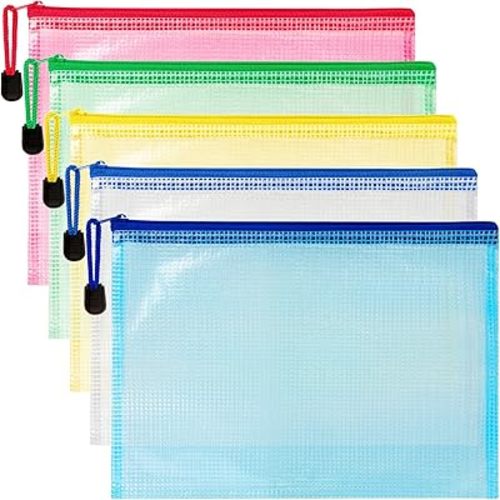Mesh Zipper Pouch Bags - 5 Pack Waterproof Zipper Bags 13.2 x 9.4 Inch Clear Mesh Storage Pouches Assorted Colors for Home, Office, School, Travel, Puzzles, Board Game, Cosmetic, Accessories