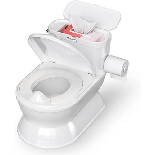 2-in-1 Toddler Potty Training Toilet - Larger Potty Chair & Detachable Training Seat for Boys & Girls Ages 1-3 with Flushing Sound, Wipes Storage, Toilet Paper Holder